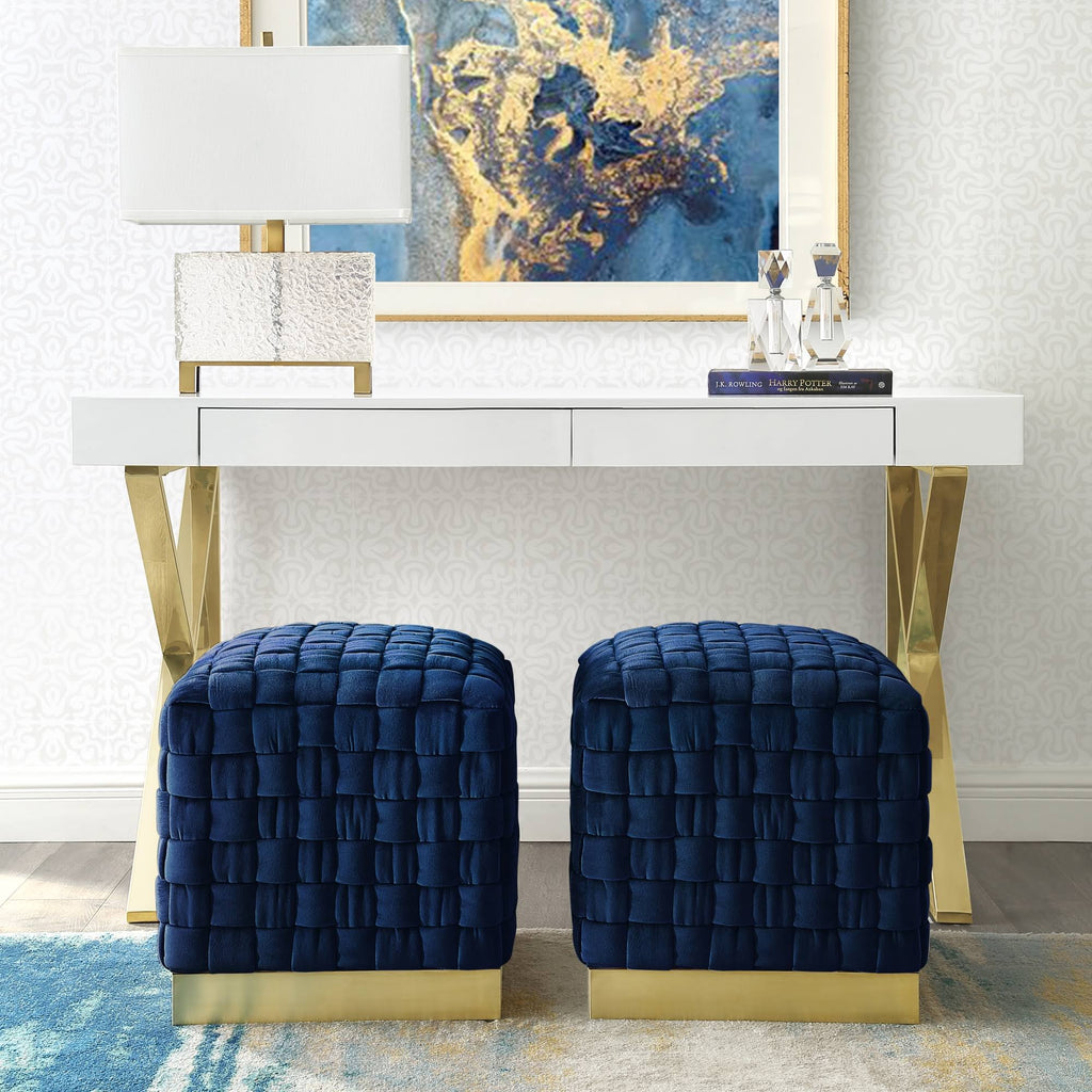 Navy Gold Velvet Cube Ottoman Y8526