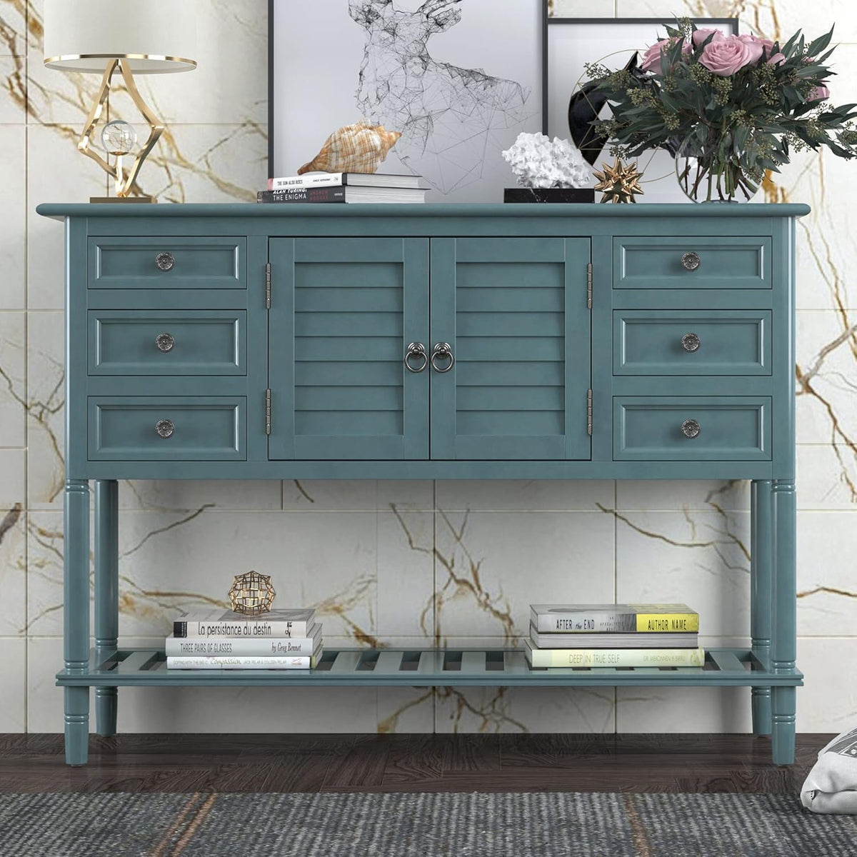 Light Green 6 Drawers Sideboard Console Table with Cabinet and Bottom Shelf A120