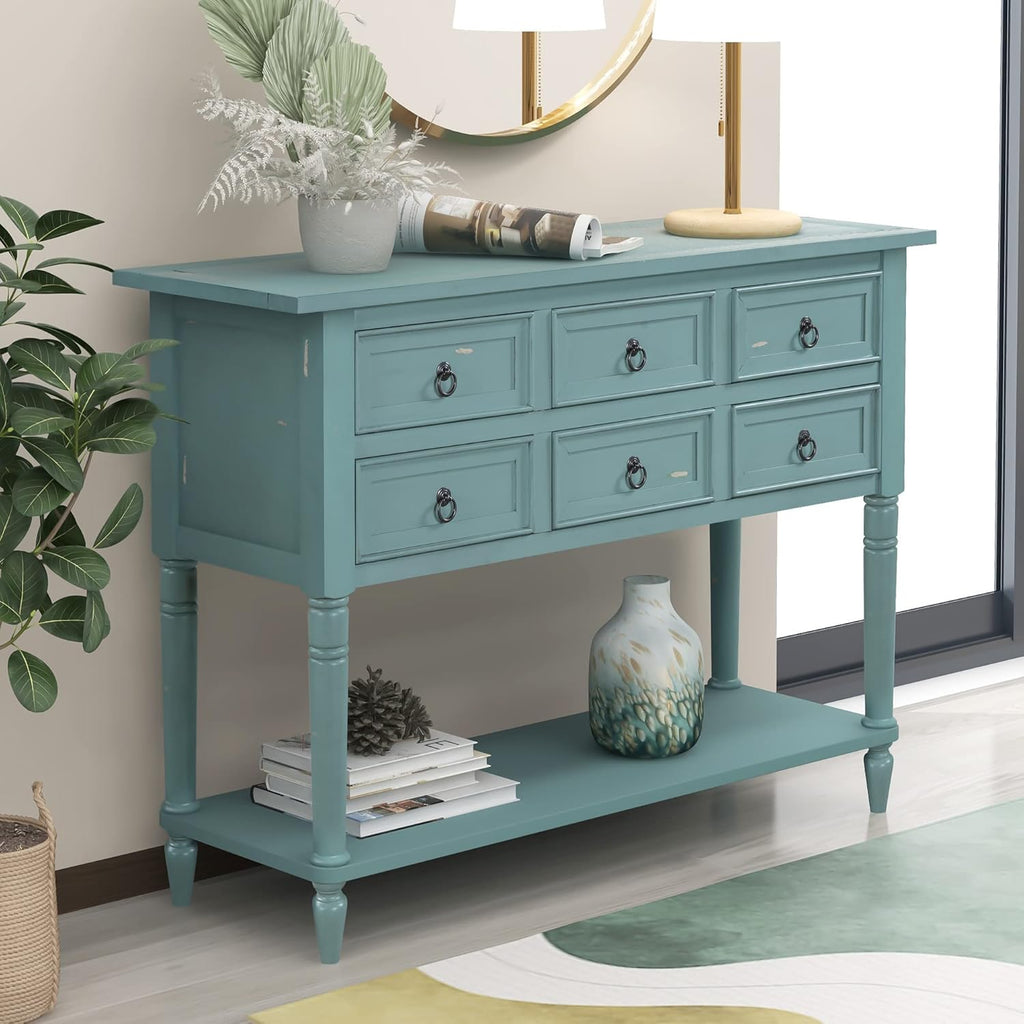 Navy Blue 6 Drawers Console Table with Cabinet and Shelf I7421