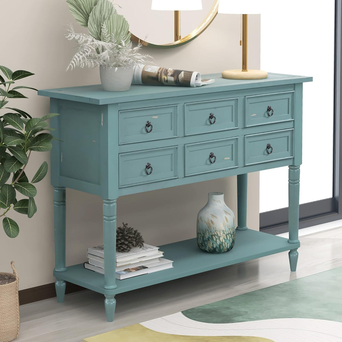 Navy Blue 6 Drawers Console Table with Cabinet and Shelf I7421
