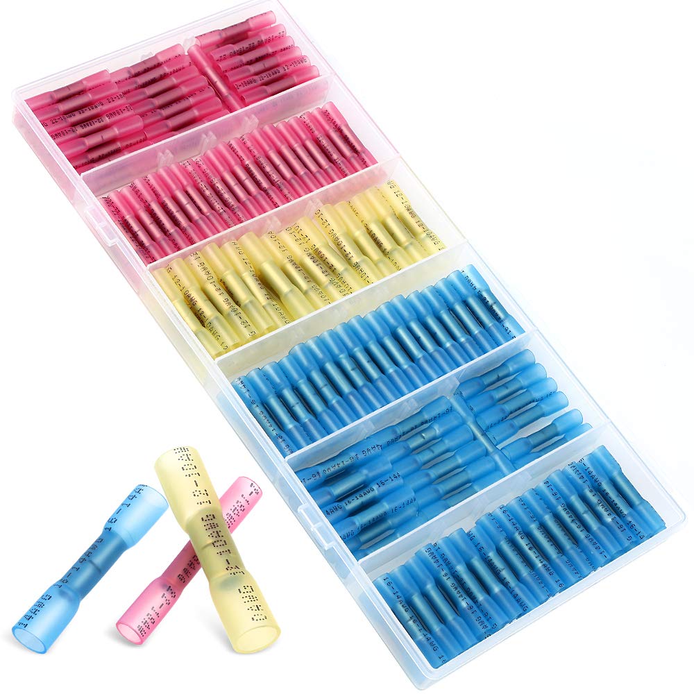 200PCS Insulated Waterproof Wire Connector Crimp Butt Splice Terminal Kit (3 Colors / 3 Sizes) Pack of 2 Y100562