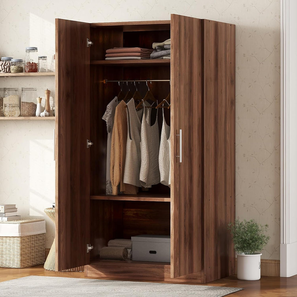 2-Door Wooden Wardrobe Armoire with 3 Adjustable Shelves and Hanging Rod, Brown L81498