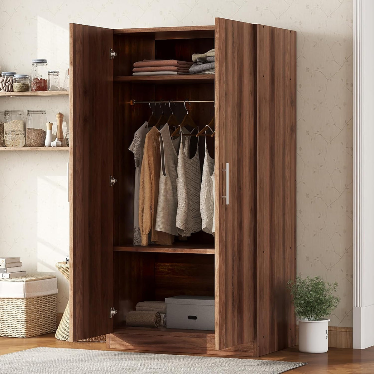 2-Door Wooden Wardrobe Armoire with 3 Adjustable Shelves and Hanging Rod, Brown L81498