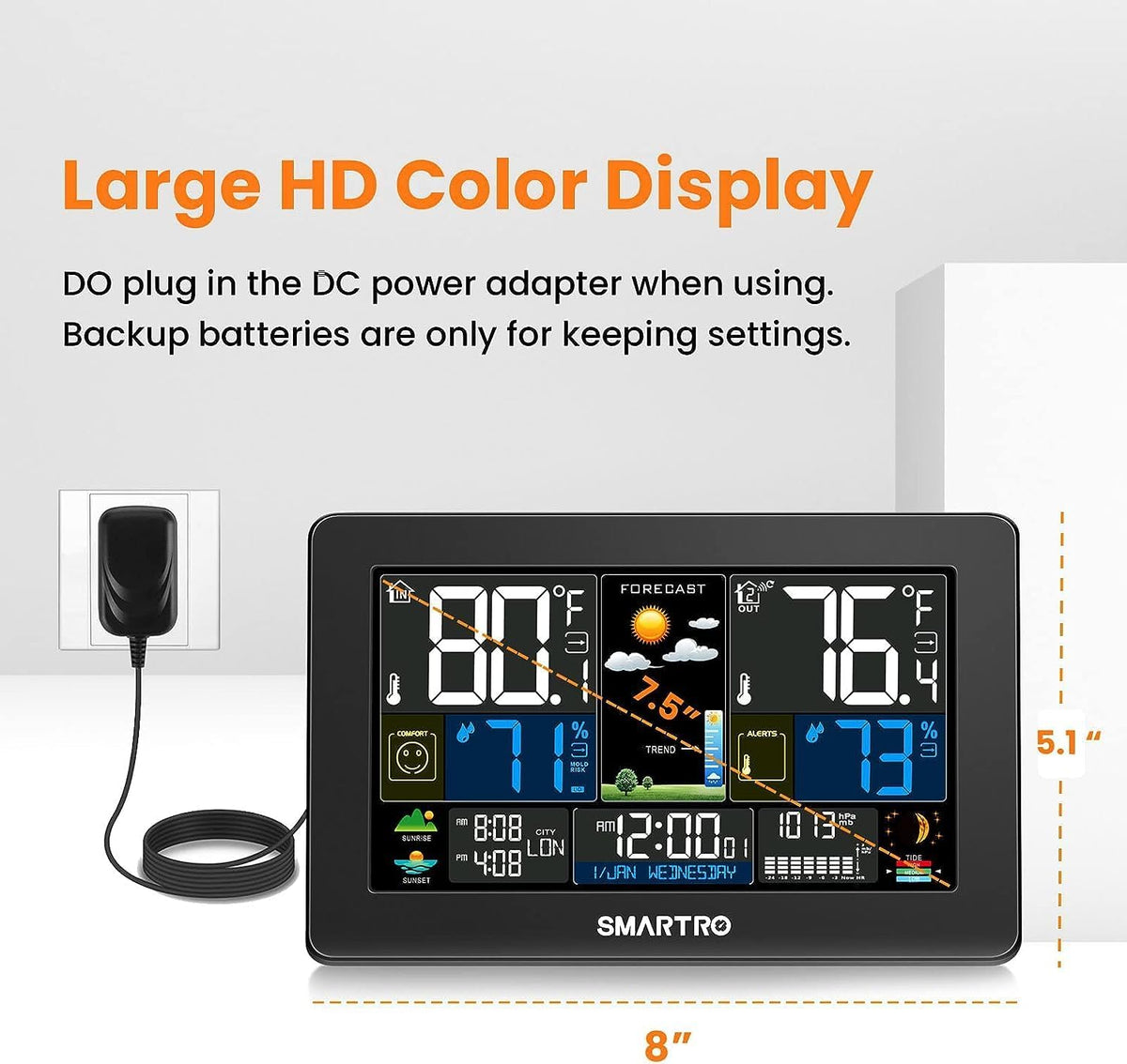 Large Color Display Wireless Indoor Outdoor Weather Station with Barometer, Temperature Humidity Monitor N72273