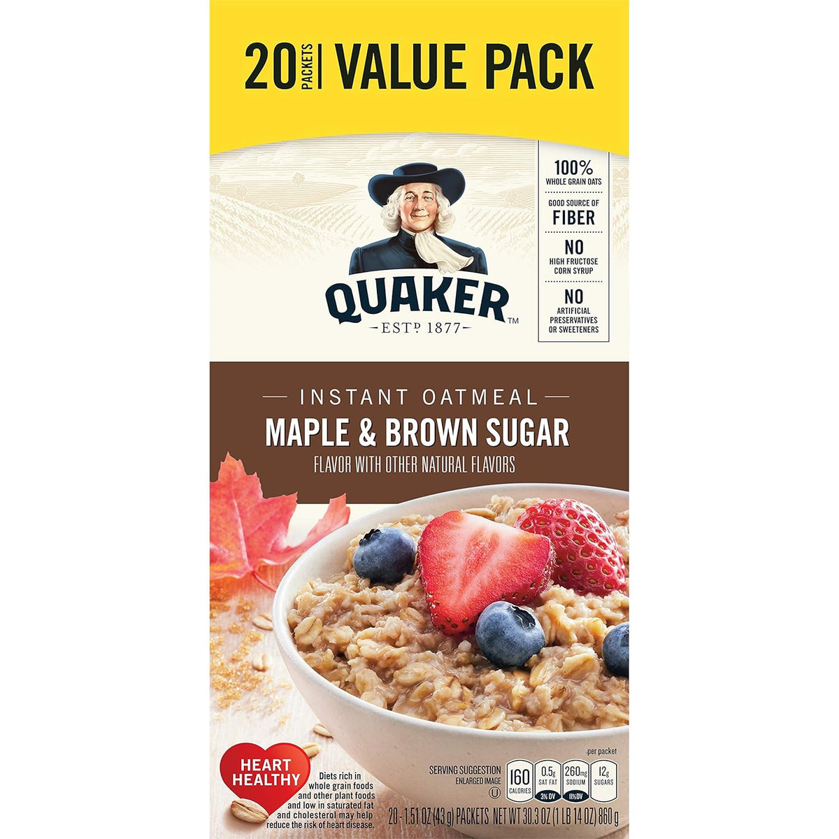 Maple & Brown Sugar Instant Oatmeal, 20 Count, 1.51 oz Packets Z40277
