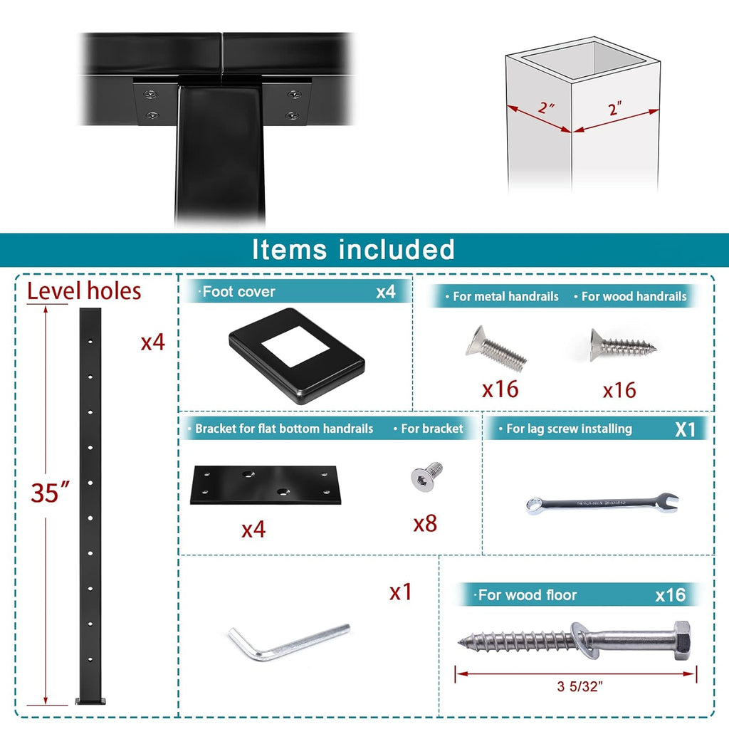 4 Pack Black Square Stainless Steel Cable Railing Post F8805