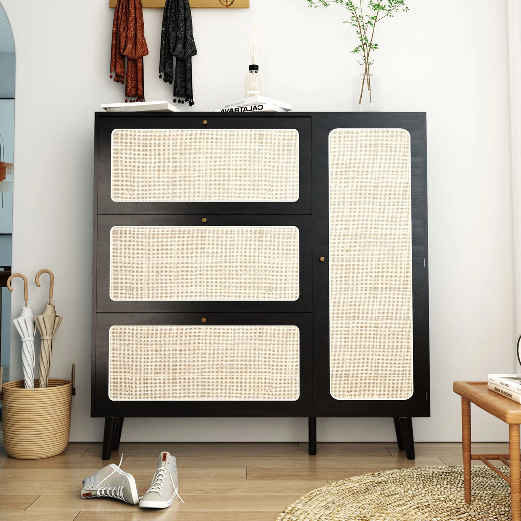 48" Wide Black Wood Shoe Cabinet with 3 Flip Doors M498