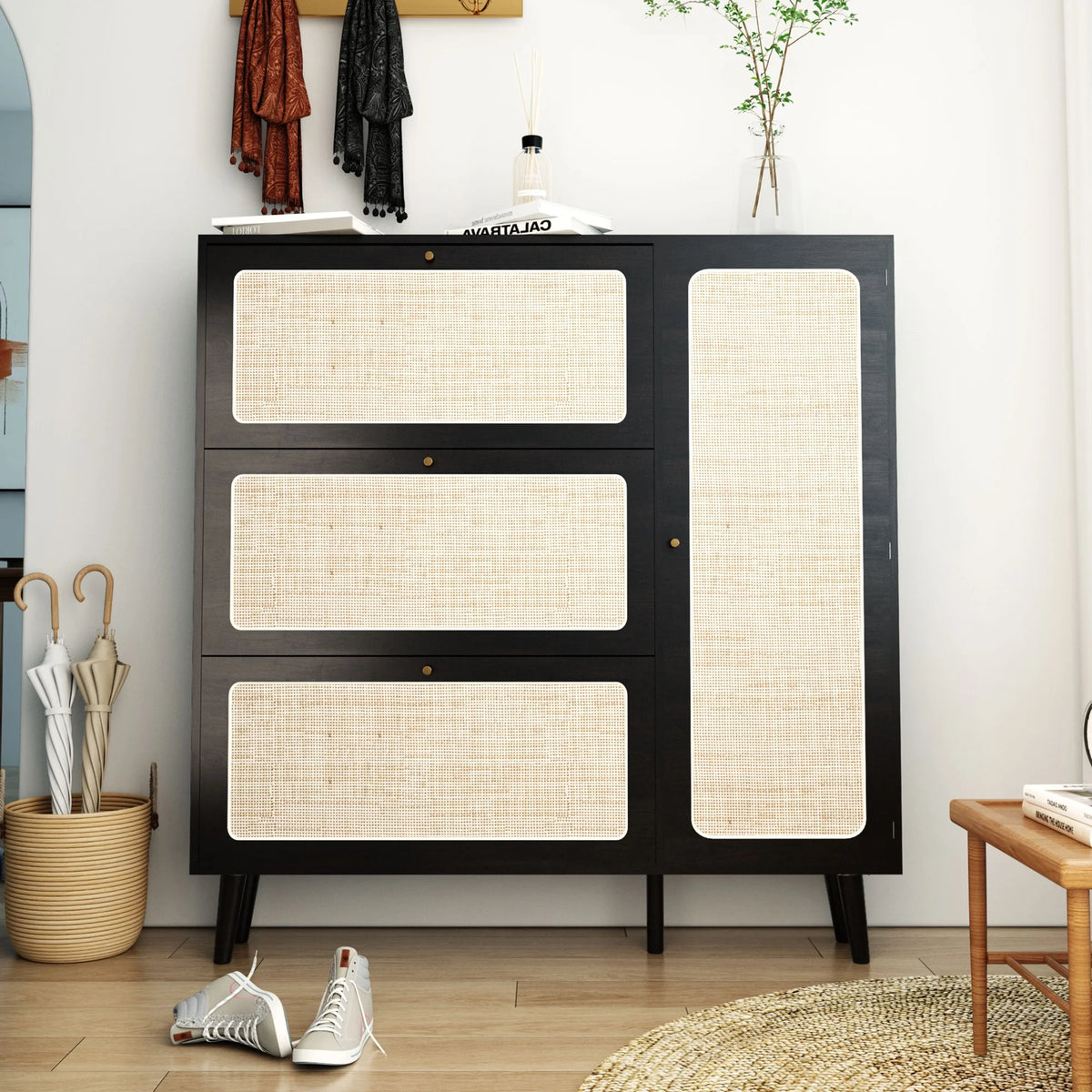 48" Wide Black Wood Shoe Cabinet with 3 Flip Doors M498