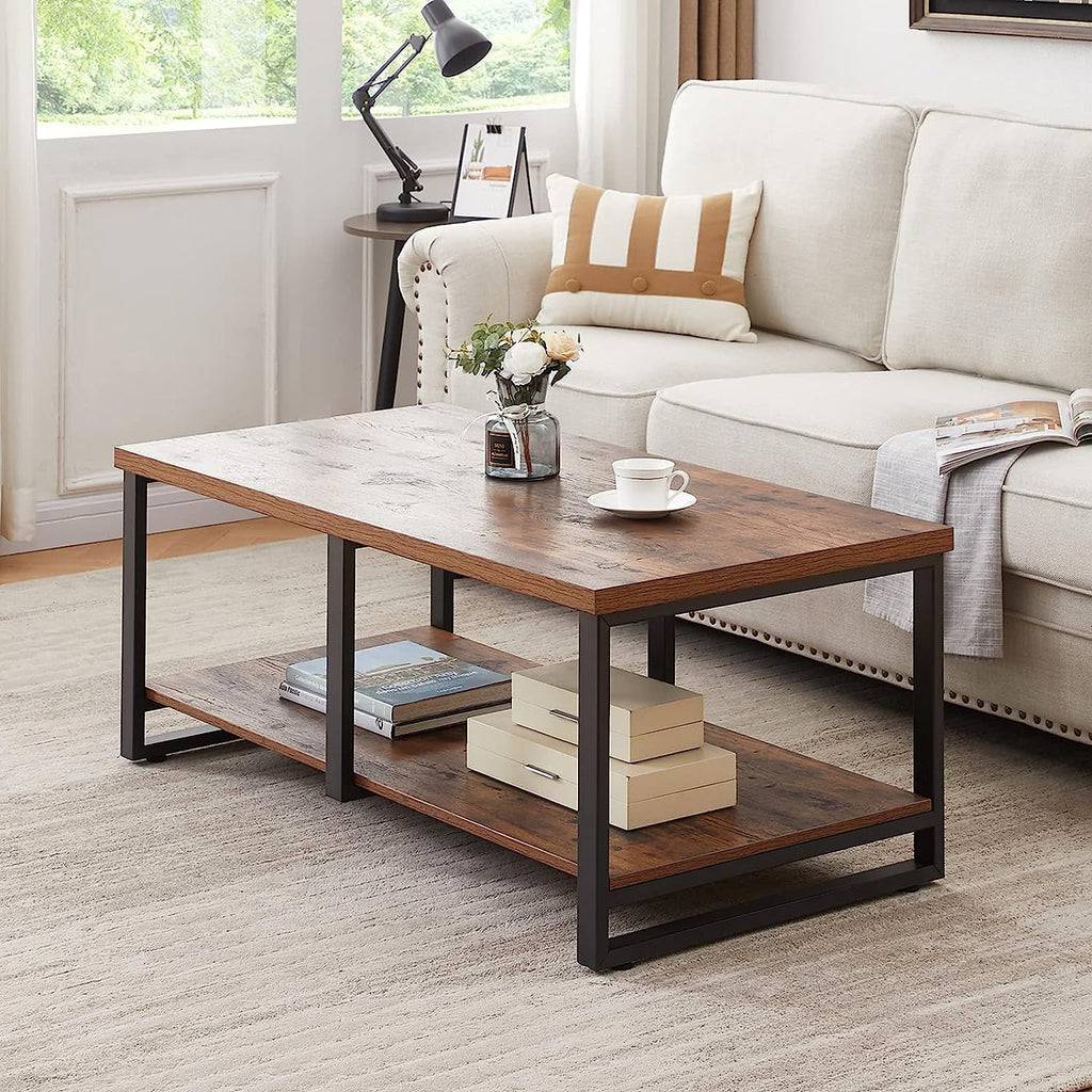 47 Inch Rustic Brown Wood Coffee Table with Storage Shelf R639775