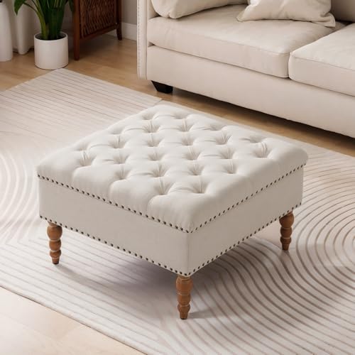 Large Square Ottoman Coffee Table with Storage and Solid Wood Shelf (Beige) N70202