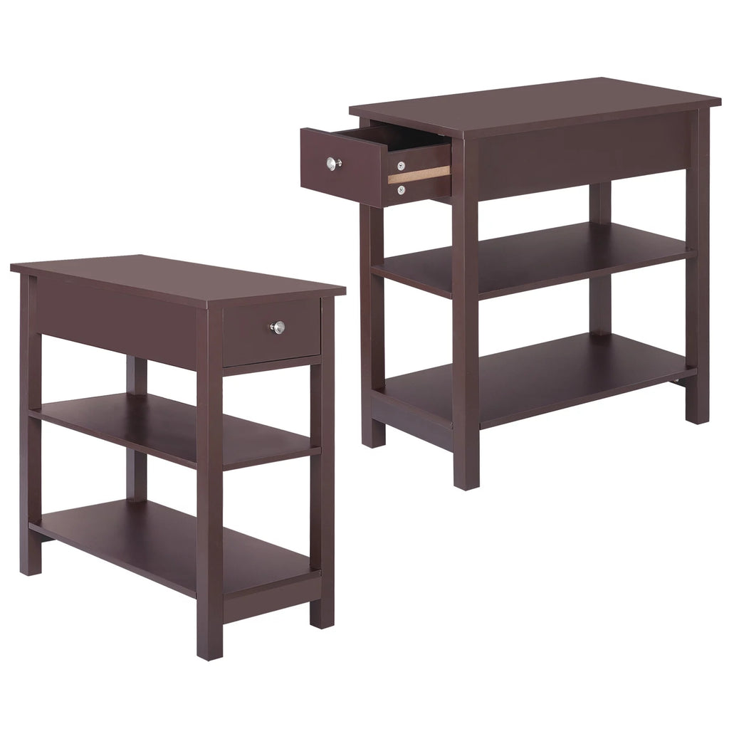 2 Pack 3-Tier Narrow MDF End Table with Drawer & Storage Shelf G614938