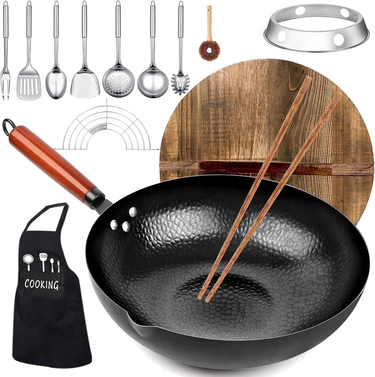 14 Piece Carbon Steel Wok Pan Set with Wooden Lid X5714