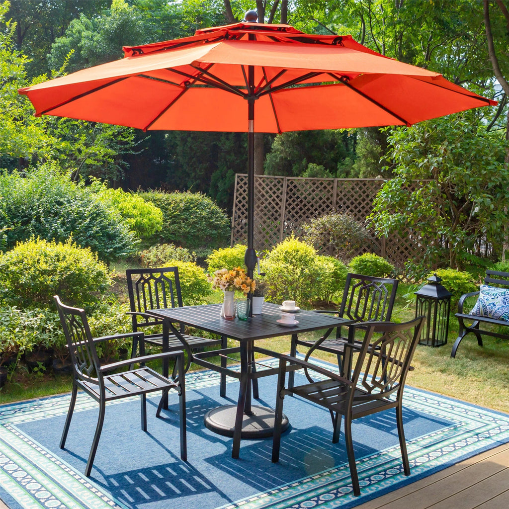 6-Piece Outdoor Patio Set with 10 FT Umbrella, 4 PCS Metal Steel Stacking Chairs & 1 PC Square Dining Table, Orange Red Umbrella Q445