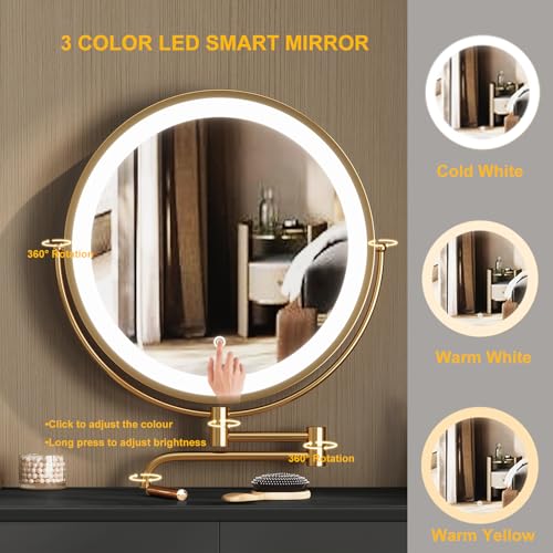 Black 31.5in Vanity Desk Set with 360° Rotating Mirror and Lights, 2 Drawers, Stool F3044