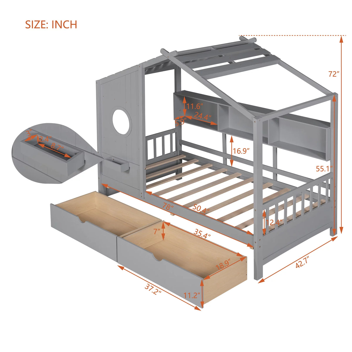 Gray Wood Twin Size Kids House Bed with 2 Drawers and Storage Shelves Z42962