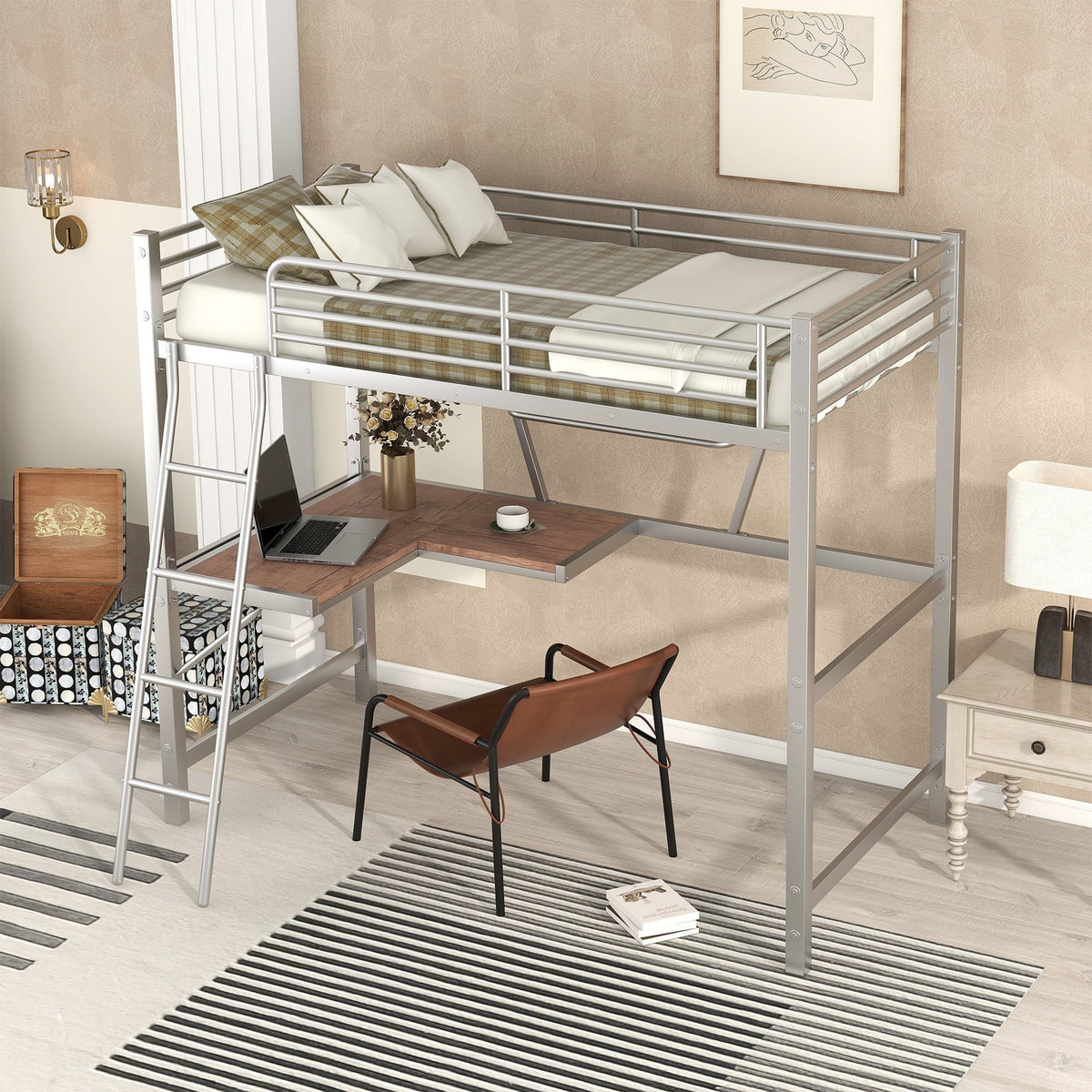 Metal Loft Bed with Desk and Shelf W251