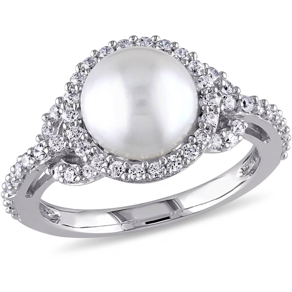 White Cultured Freshwater Pearl Cubic Zirconia Halo Sterling Silver Ring E7588