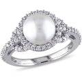 White Cultured Freshwater Pearl Cubic Zirconia Halo Sterling Silver Ring E7588