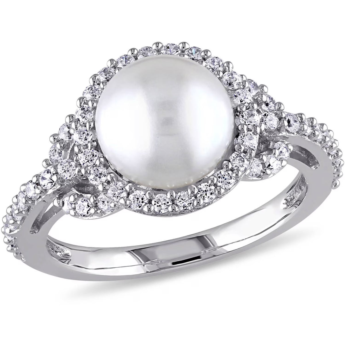 White Cultured Freshwater Pearl Cubic Zirconia Halo Sterling Silver Ring E7588