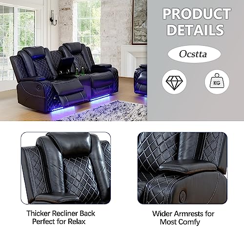 3 Piece Cream White Leather Recliner Sofa Set with LED Lights F43654