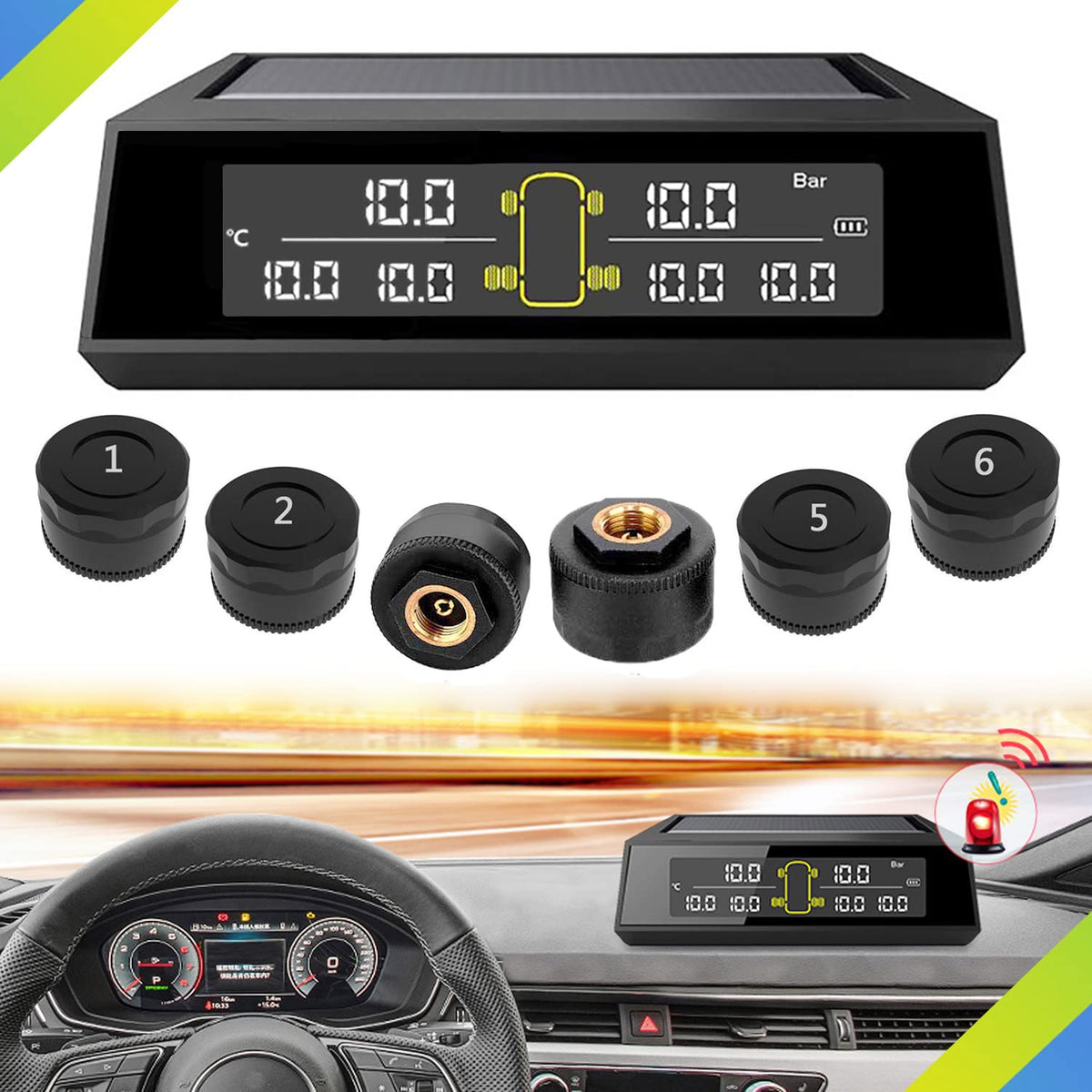 Wireless Solar Tire Pressure Monitoring System with 6 External Sensors Y3925