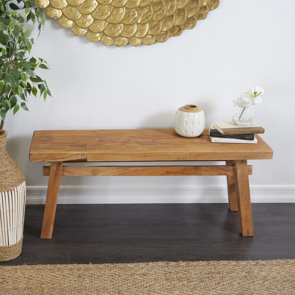 Wood Handmade Distressed Bench with High Trestle Legs X129248