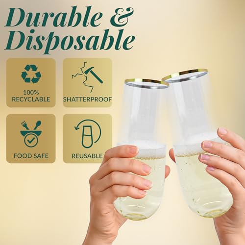 50 Pack 9oz Clear Gold Rim Stemless Plastic Champagne Flutes P402