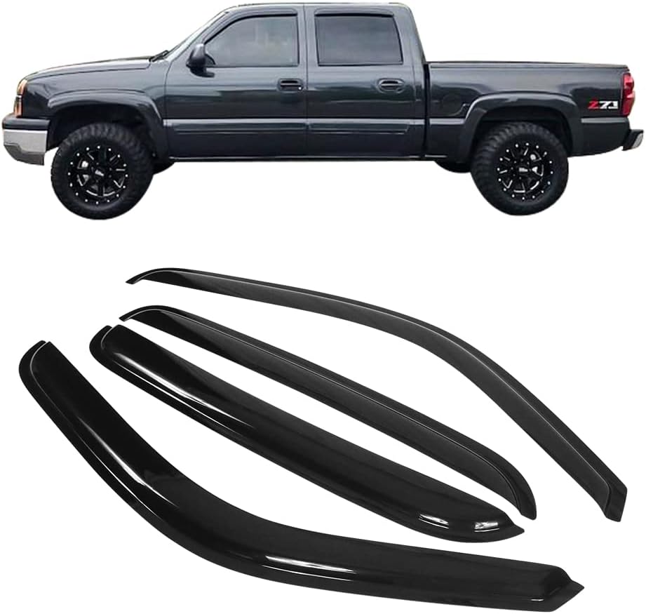 Window Visor Compatible With 2001-2006 Chevy Silverado GMC Sierra Crew Cab, Slim Style Acrylic Smoke Tinted 4PCS Sun Rain Shade Guard Wind Vent Air Deflector by IKON MOTORSPORTS, 2002 2003 2004 2005 Pack of 2 K20389