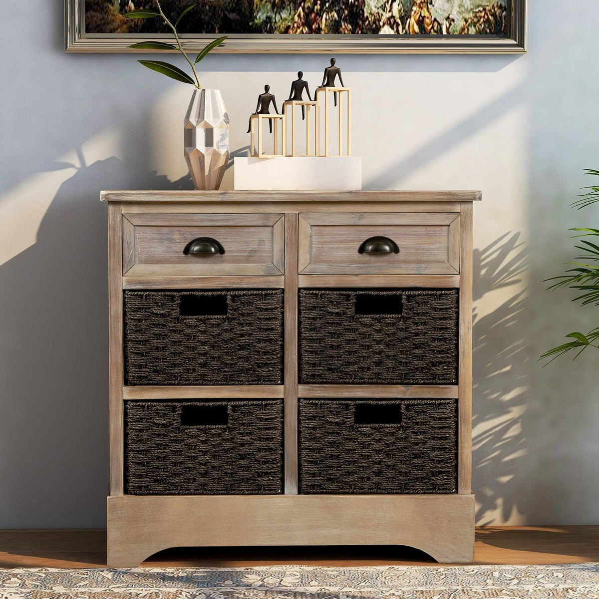 White Storage Cabinet with 2 Drawers and 4 Fabric Baskets J7063