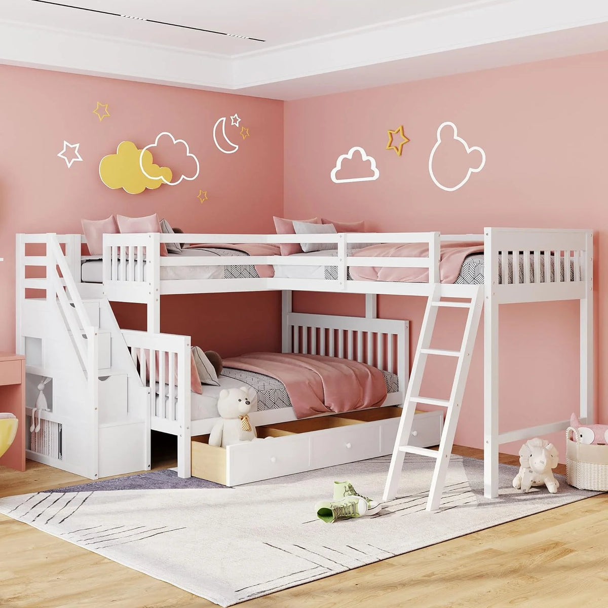 White Wooden Triple Bunk Bed With Stairs And 3 Storage Drawers P913