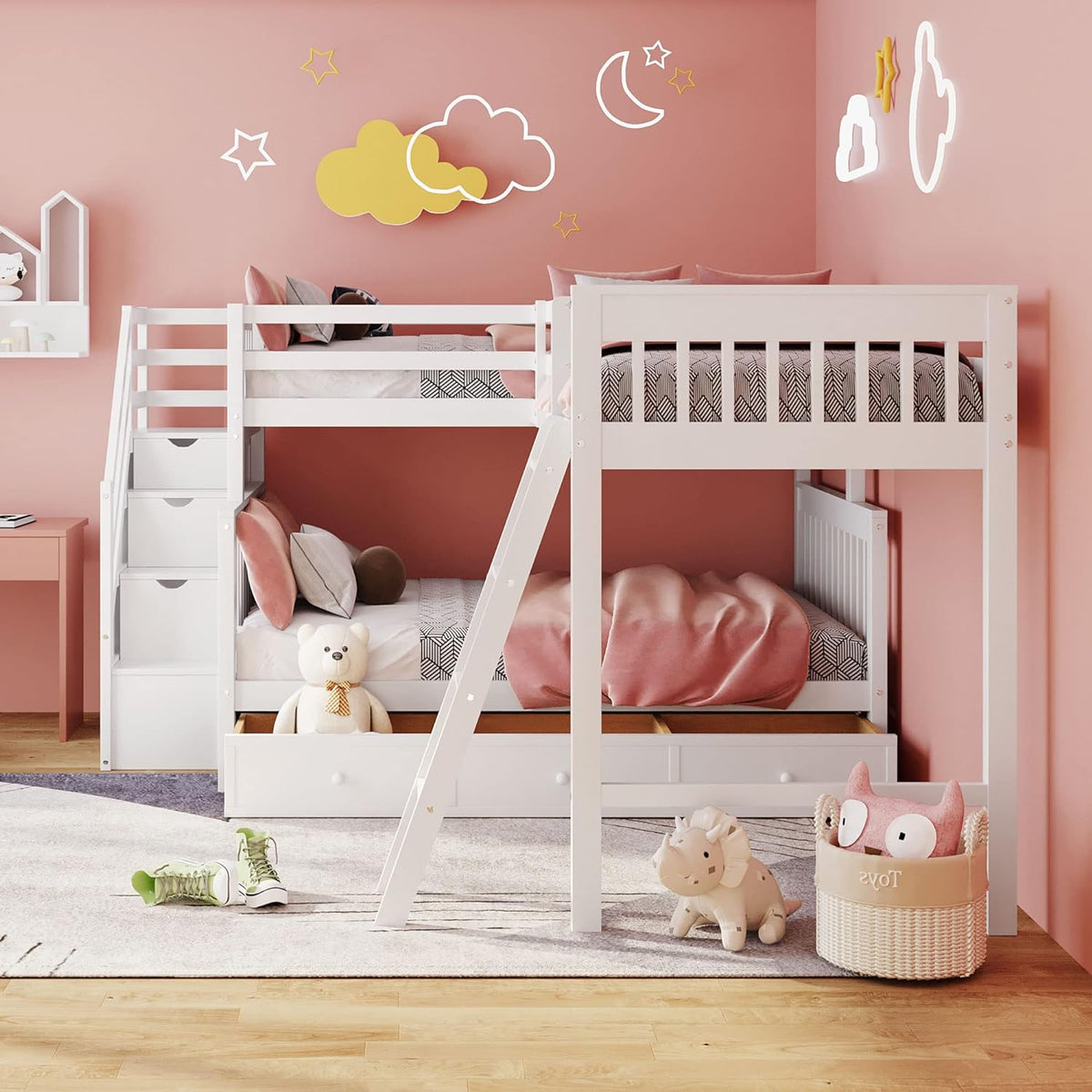 White Wooden Triple Bunk Bed With Stairs And 3 Storage Drawers P913