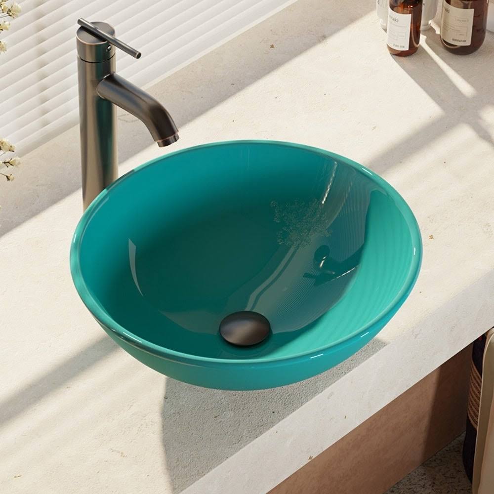 16-1/2x22 Glass Vessel Bathroom Sink with Vessel Faucet Cerulean Brushed N8423