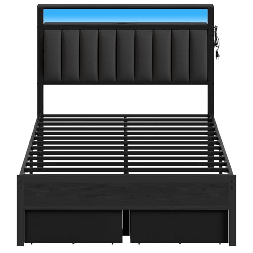 Grey Upholstered Twin Bed Frame with Charging Station and LED Lights W718