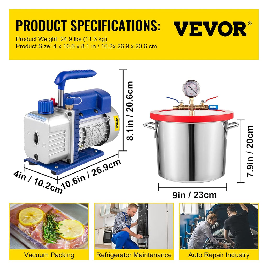 Vacuum Chamber Kit with Pump, 4CFM 1/3HP, 2 Gallon C513846
