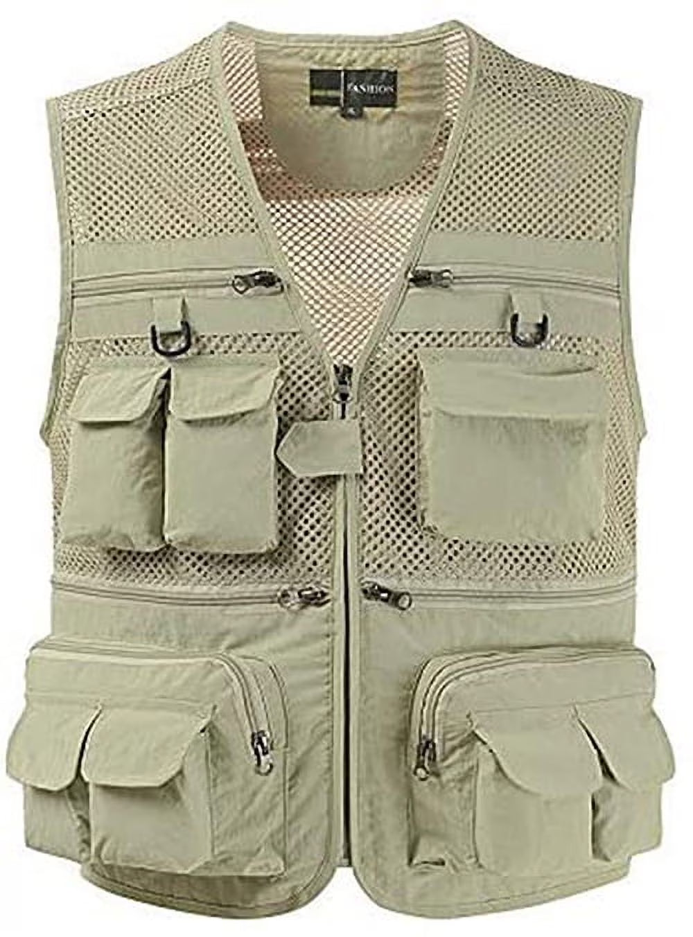 Beige XL Mesh 16 Pockets Fishing Hiking Vest O6368