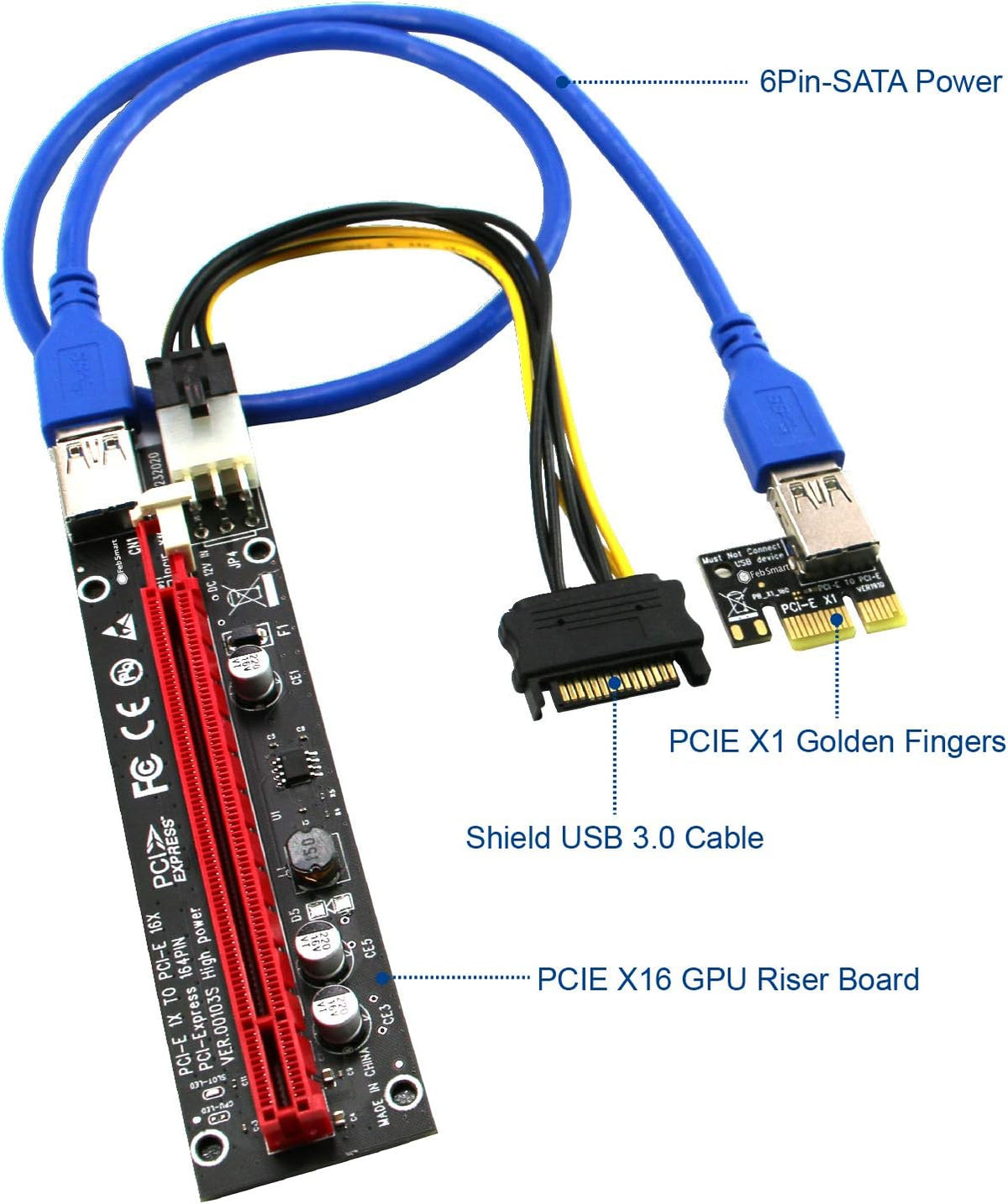 PCIE Riser Cable with 6Pin-SATA Power Cable and 23.6in Extension Cable, Pack of 2 J36871