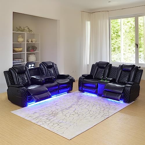3 Piece Cream White Leather Recliner Sofa Set with LED Lights F43654