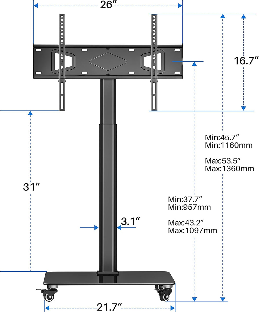 Tall TV Stand with Wheels, Height Adjustable, Max VESA 600x400mm U837024