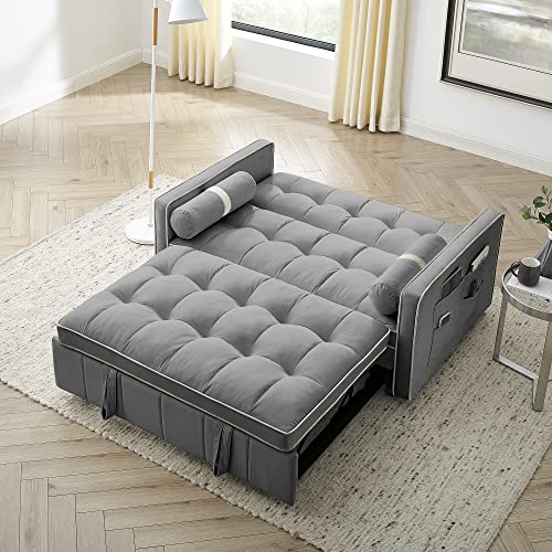 Grey Velvet 3-in-1 Sleeper Sofa Couch Bed with Pull-Out Bed W767089
