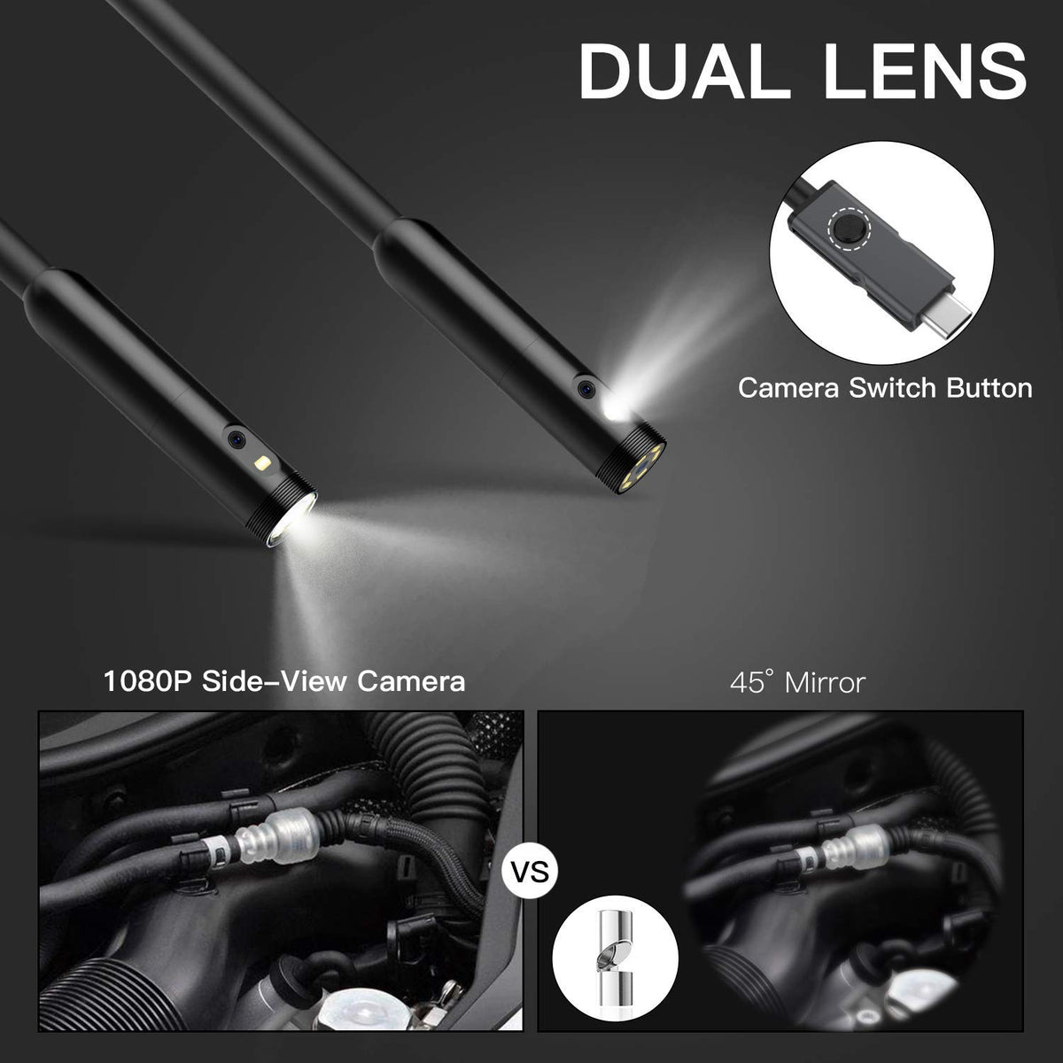 Dual Lens Borescope Inspection Camera with Light, HD 1080p Waterproof Endoscope, 16.4ft Flexible Cable B44720