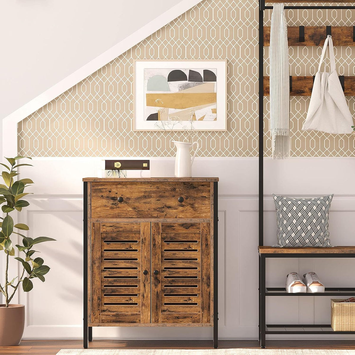Rustic Brown Kitchen Sideboard Floor Storage Cabinet with Drawers and Height-Adjustable Shelves K7414