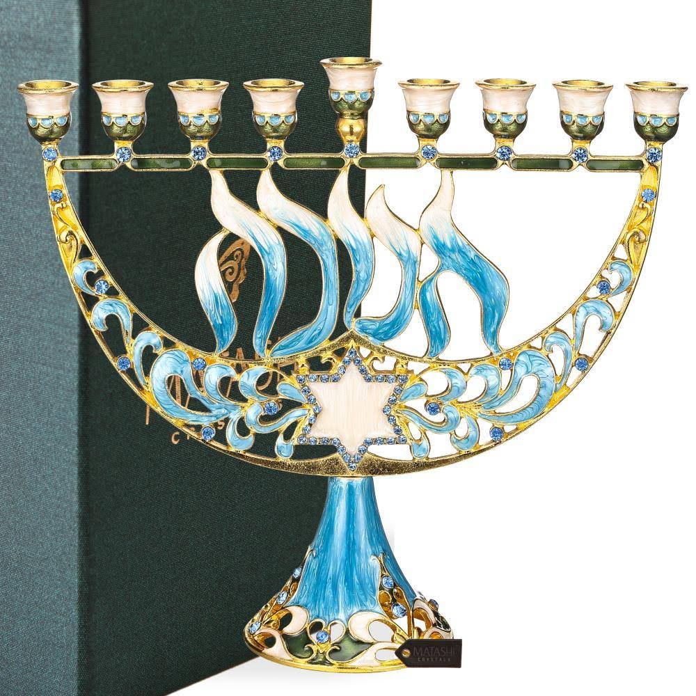 Hand Painted Enamel Menorah Candelabra with A Star of David B40234