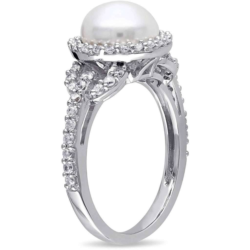 White Cultured Freshwater Pearl Cubic Zirconia Halo Sterling Silver Ring E7588