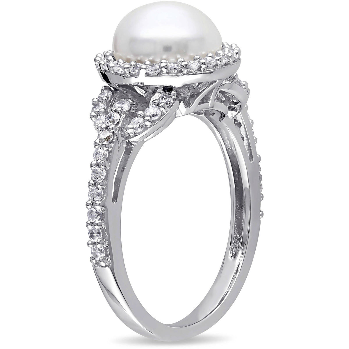White Cultured Freshwater Pearl Cubic Zirconia Halo Sterling Silver Ring E7588