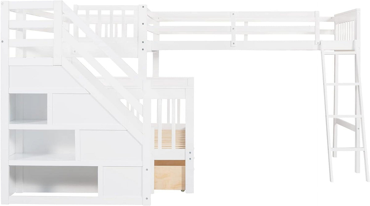 White Wooden Triple Bunk Bed With Stairs And 3 Storage Drawers P913
