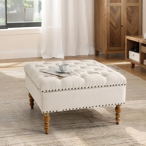 Large Square Ottoman Coffee Table with Storage and Solid Wood Shelf (Beige) N70202