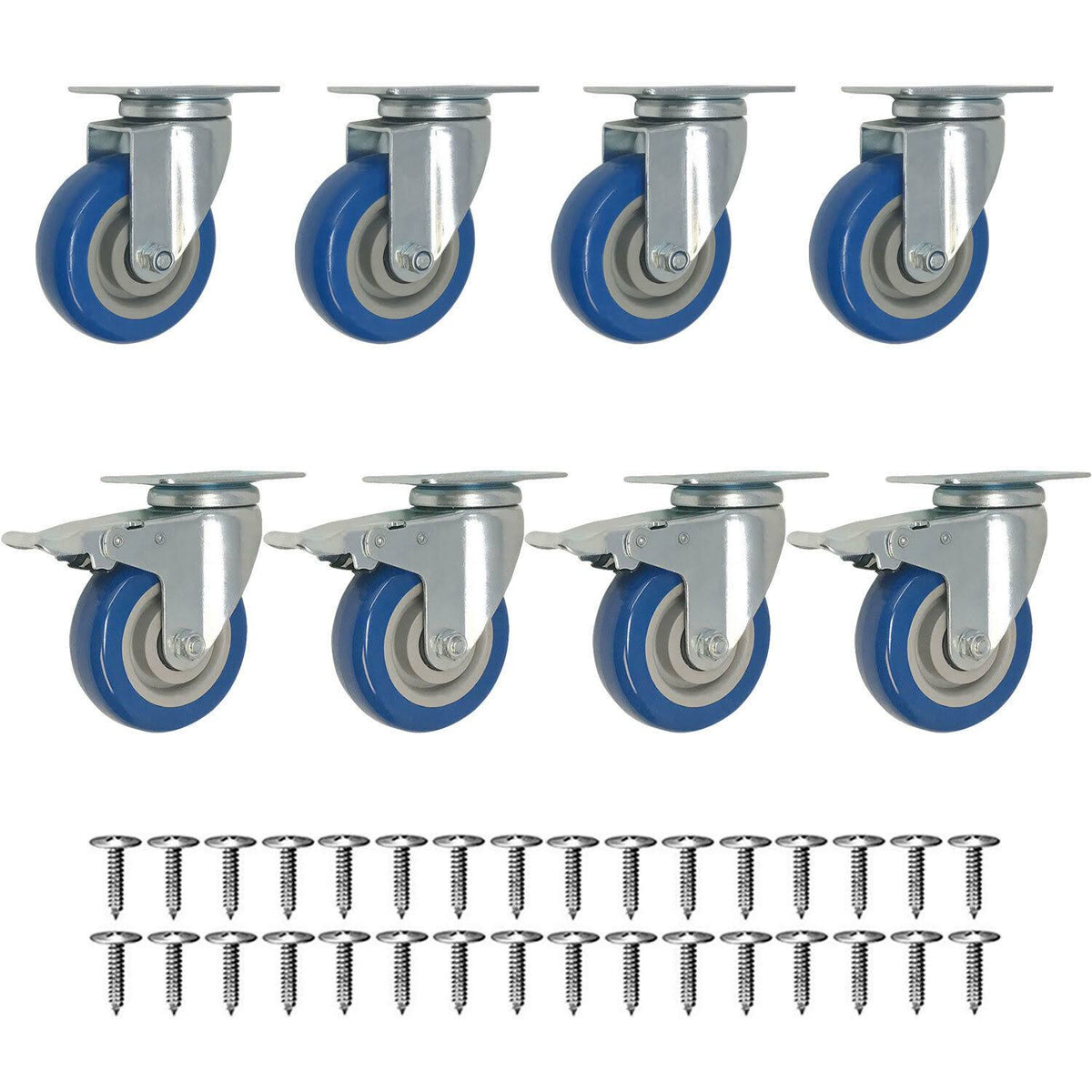 8 Pack 3 inch Swivel Plate Caster Wheels Blue Polyurethane with Screws S3264