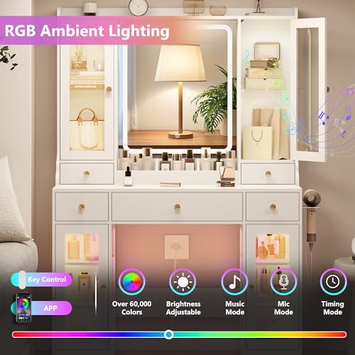 White Vanity Desk with Lighted Mirror and 5 Drawers N1861