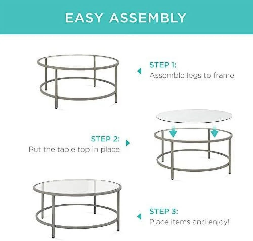 36in Round Tempered Glass Coffee Table with Metal Frame H7235