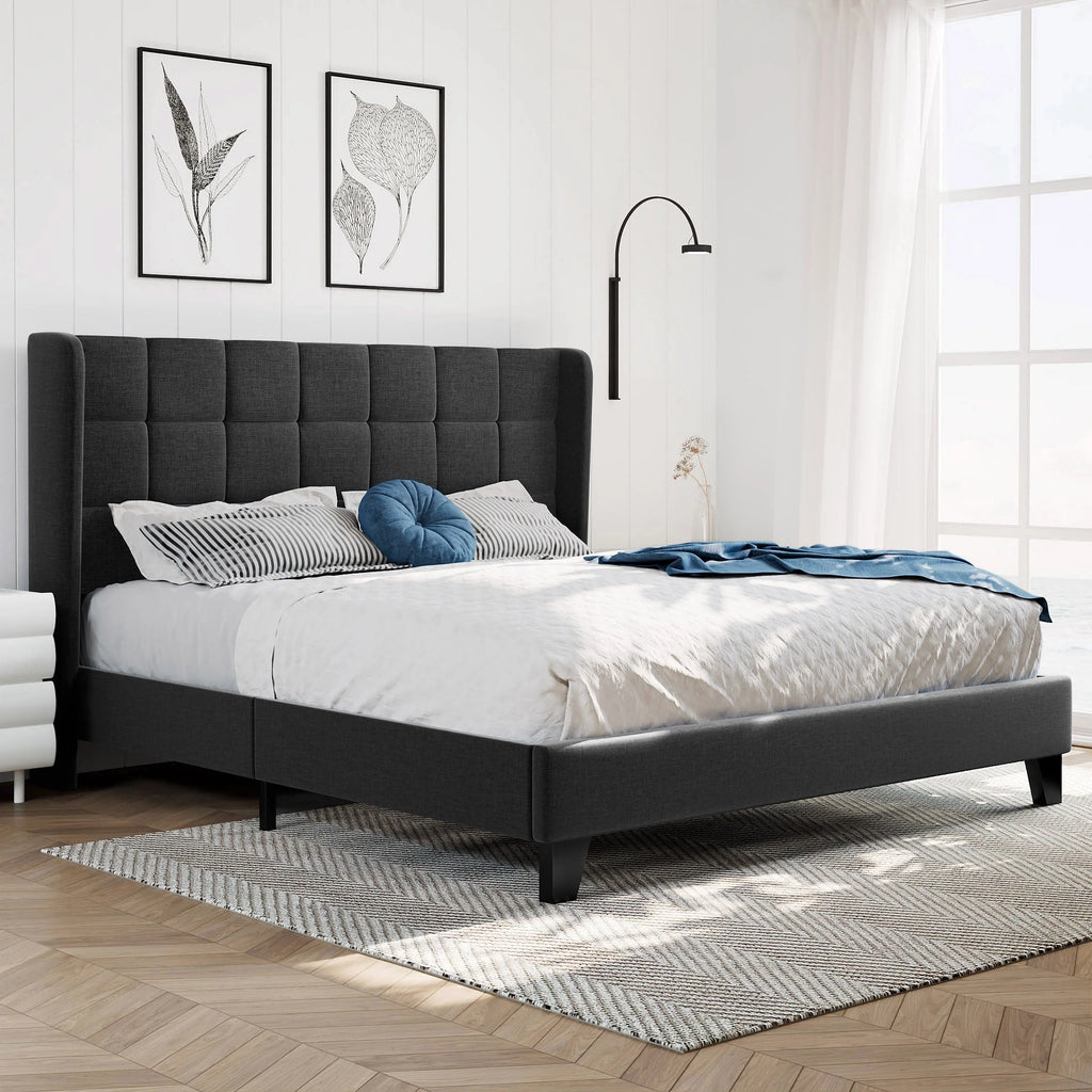 Queen Size Dark Grey Platform Bed with Wingback Headboard U94689